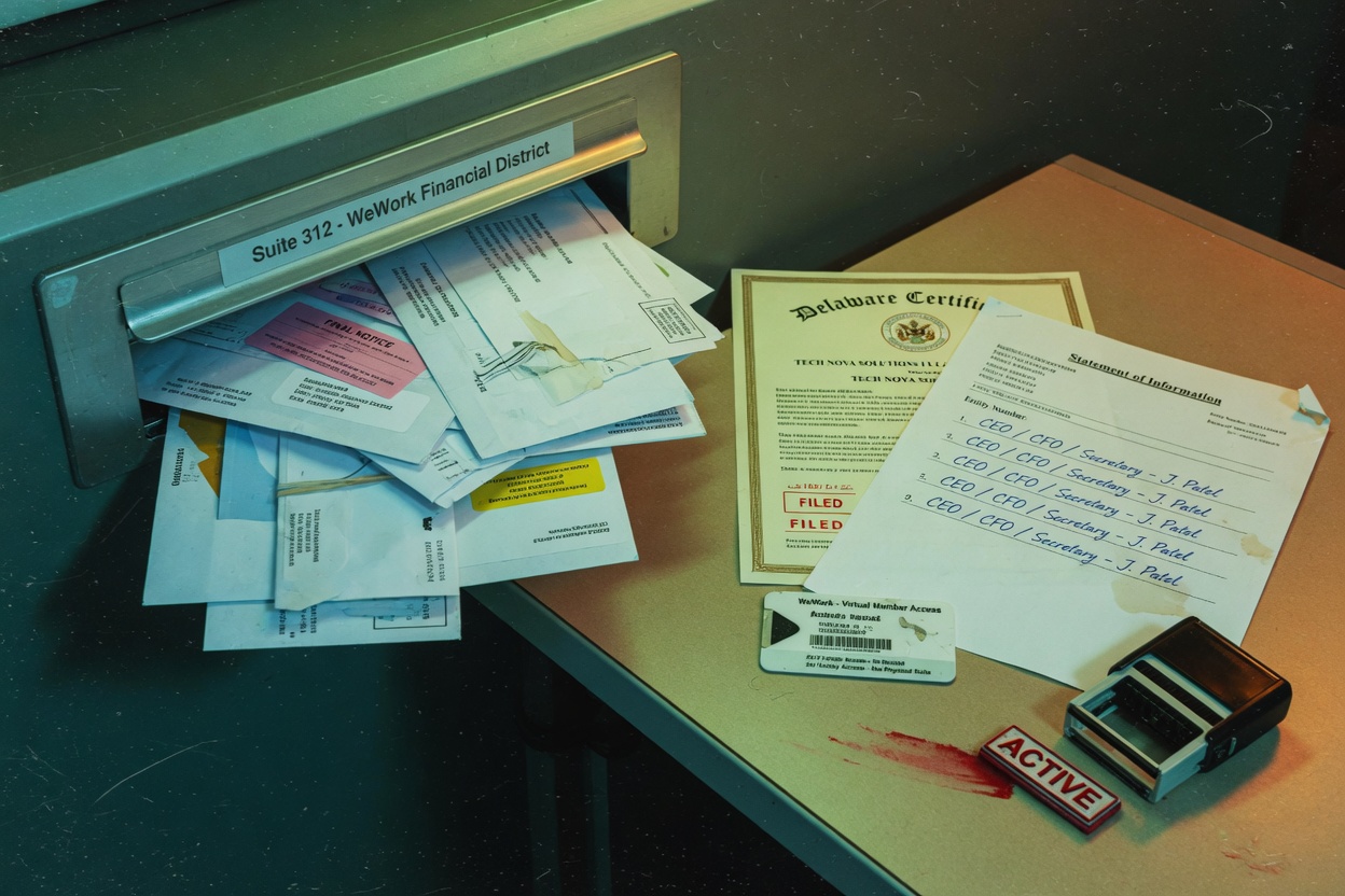 A WeWork-style mailbox stuffed with corporate mail, a Delaware certificate, and a California statement of information on a desk.