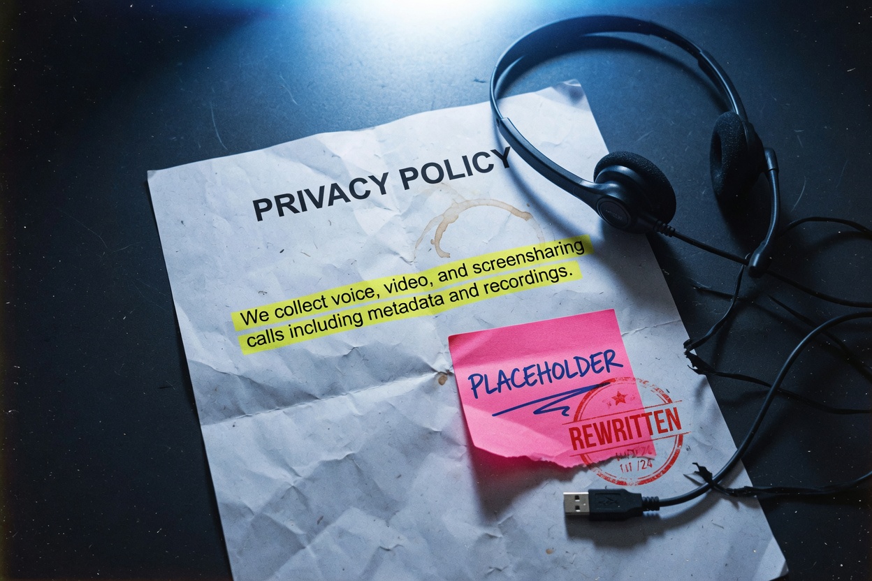 A printed privacy policy with a highlighted sentence about collecting voice, video, and screensharing calls, a sticky note that says PLACEHOLDER, and a REWRITTEN stamp.