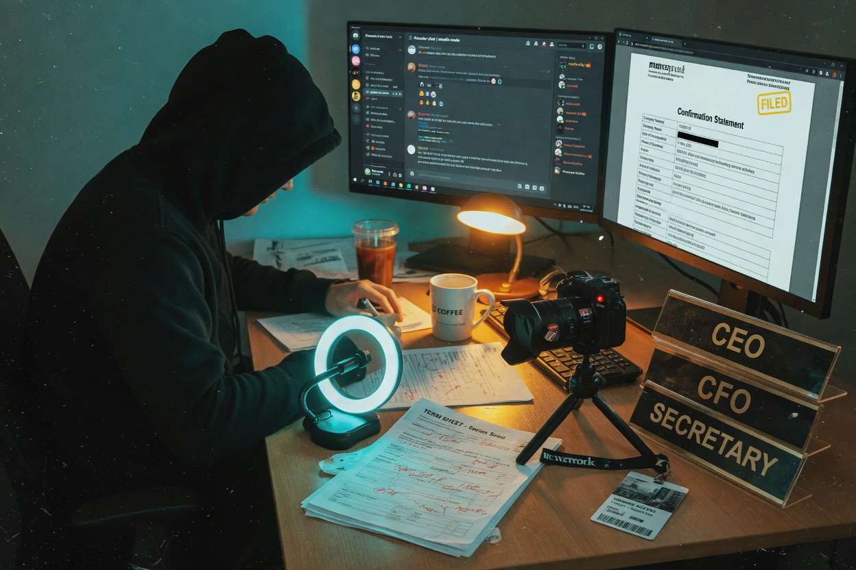 Anonymous hooded figure at a desk with CEO, CFO, and Secretary nameplates stacked, a ring light, and a corporate filing on a monitor.