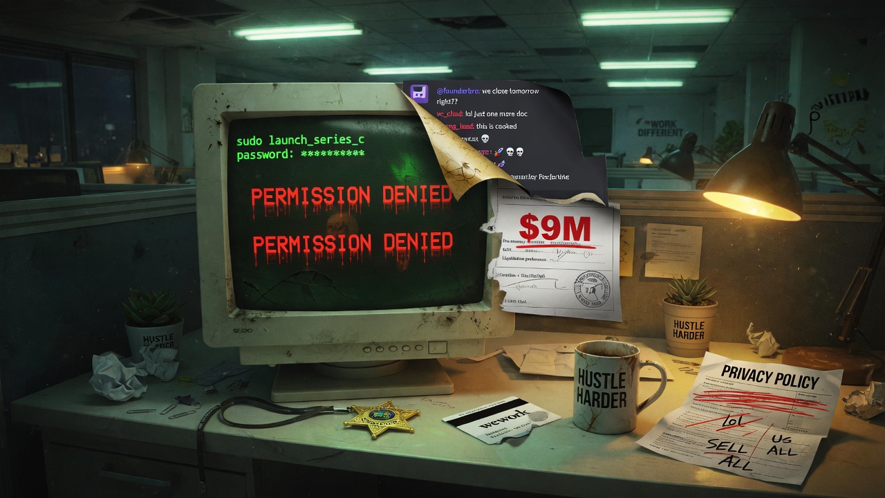 A decaying office CRT showing a sudo password prompt and PERMISSION DENIED, with a $9M term sheet and a WeWork keycard on the desk.